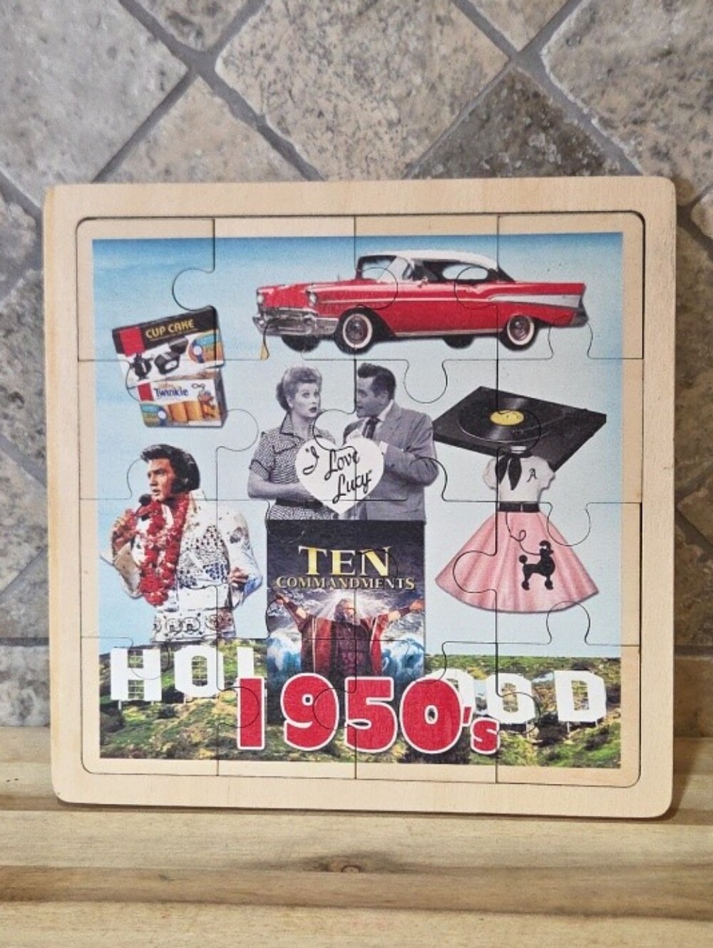Vtg Wooden Puzzle I Love Lucy 1950's 16 Pieces Elvis Autos Records Poodle Skirts